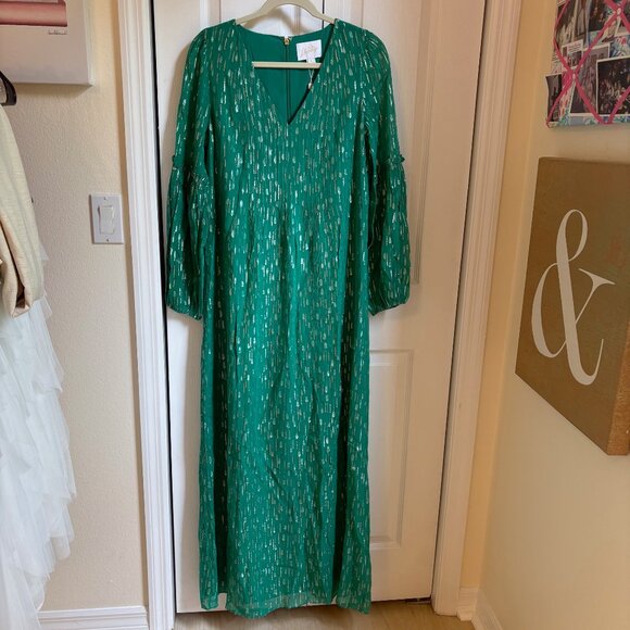 Lilly Pulitzer Creme Long Sleeve Maxi Dress NWT Size 4 Green w/ Metallic Shimmer - Picture 5 of 12